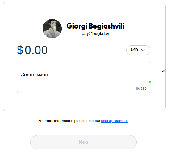 Entering pay@begi.dev and the amount in PayPal