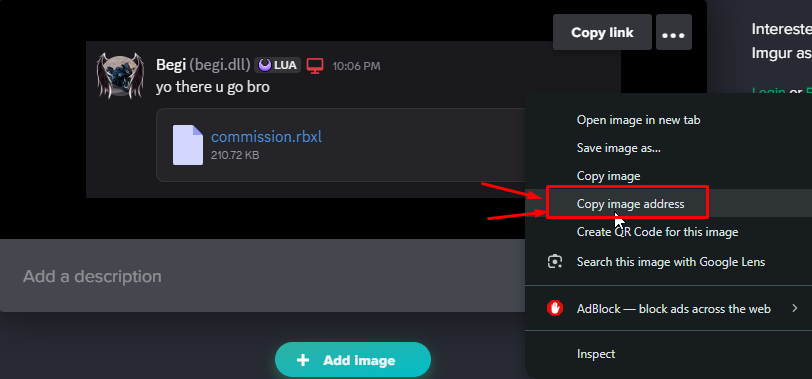 Copy image address on the delivered work