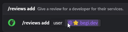 /reviews add command with begi.dev as the user