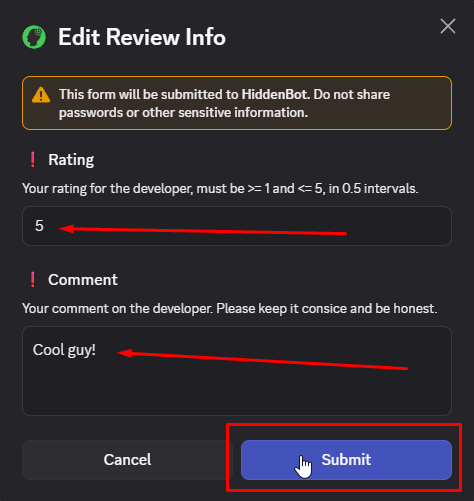 Rating and comment filled in the Edit Review Info form