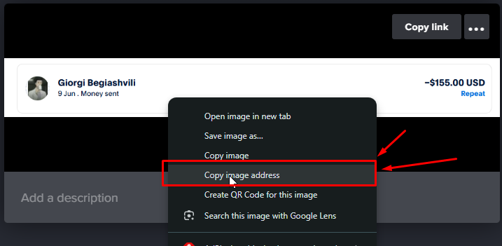 Copy image address on the payment proof
