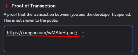 Pasting the payment proof link into the Proof of Transaction field