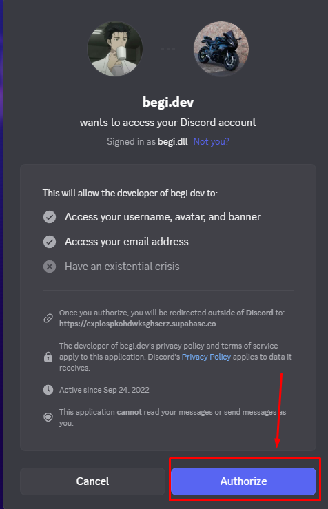 Discord authorize screen